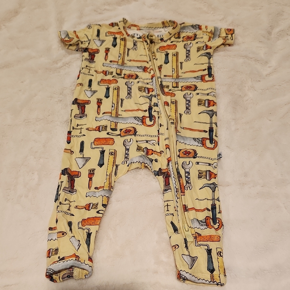 Yellow and Red Footies One Piece with Playful Tool Print